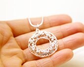 Filigree Pendant Necklace, Sterling Silver Plated, Modern Minimalist Simple Everyday, Birthday Gifts, Custom Hand Stamped Wedding Jewelry
