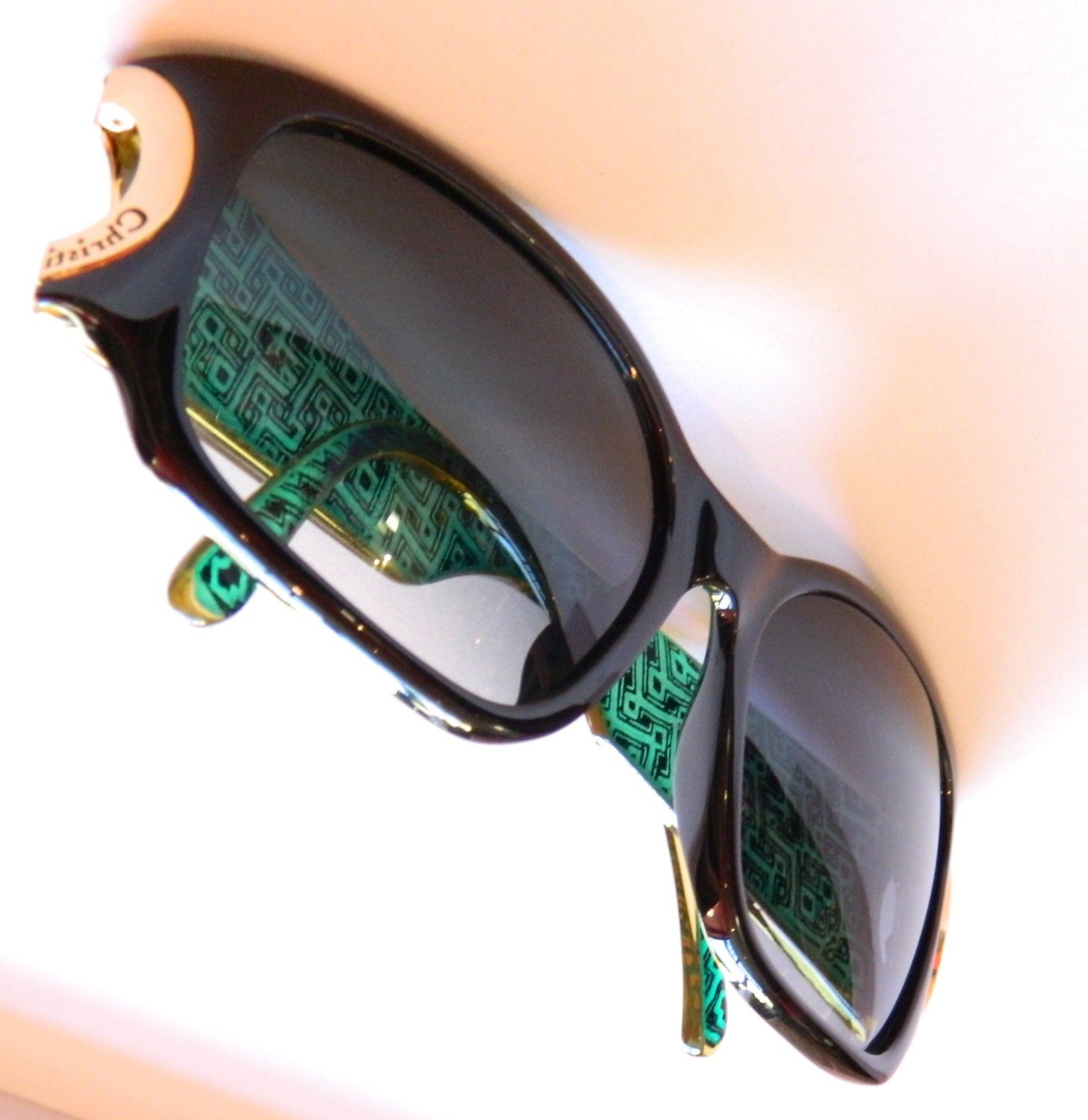 Intriguing Dior Vintage square frame sunglasses with green and gold cyber pattern and gold detail