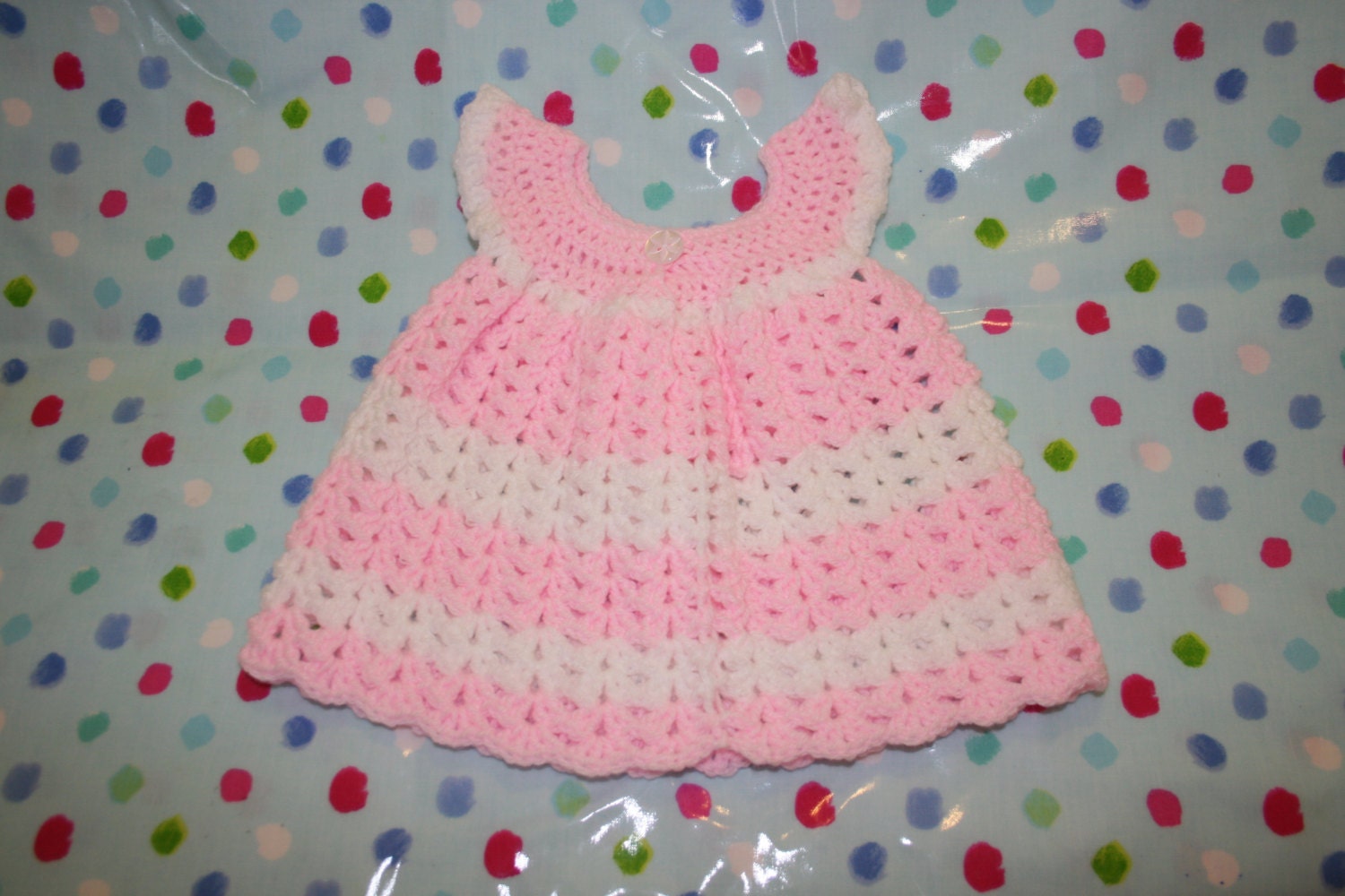 Baby crochet dress Girls dress handmade for newborn baby girl in soft easy care pink & white acrylic.  Age 0 to 6 months approximately