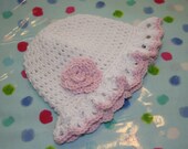 Hats Crochet baby sun hat in white and pink with a ruffled brim in natural soft bamboo & cotton mix yarn. Newborn to 3 months approximately