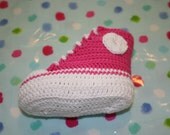 Baby crochet booties Baby sneakers hand made in fuschia pink & white natural bamboo and cotton mix yarn. Age 3 to 9 months approximately