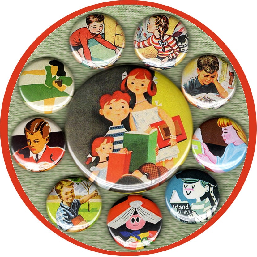 10 storybook Children Reading Books MIXED SIZE set 1 inch buttons AND 2.25 aka 2 1/4 inch button set