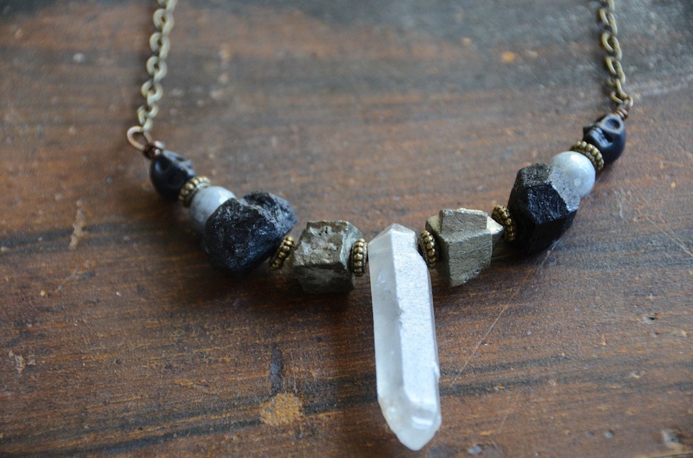 Double Terminated Quartz Crystal Pendant Necklace with Pyrite, Tourmaline, Skull Howlite Beads, Agate and Pewter beads- Bronze Chain