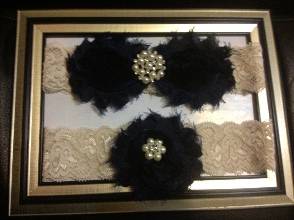 SALE- Black Wedding Garter -  Bridal Garter Set - Ivory Stretch Lace Black Chiffon Flowers - Pearl Rhinestone embellishment...
