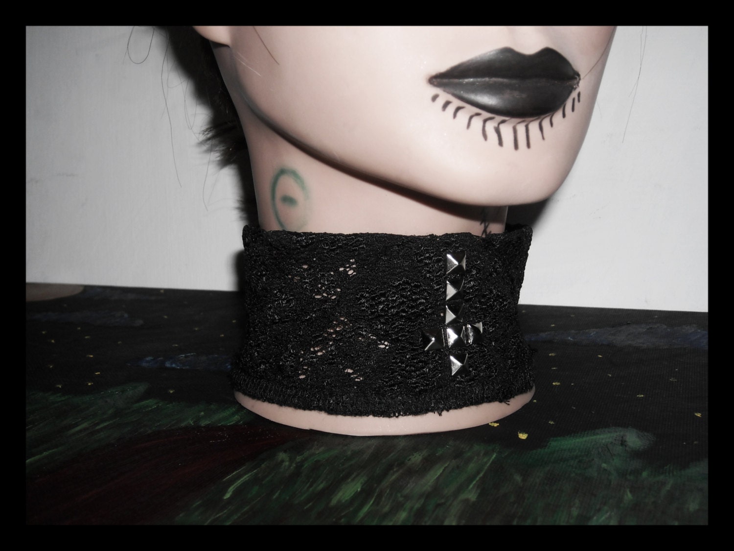 Black and red lace Studded Inverted Cross button up choker or collar