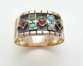 Lovely Antique Victorian Aesthetic Turquoise Garnet Rose Gold Wedding Stacking Ring 14K
