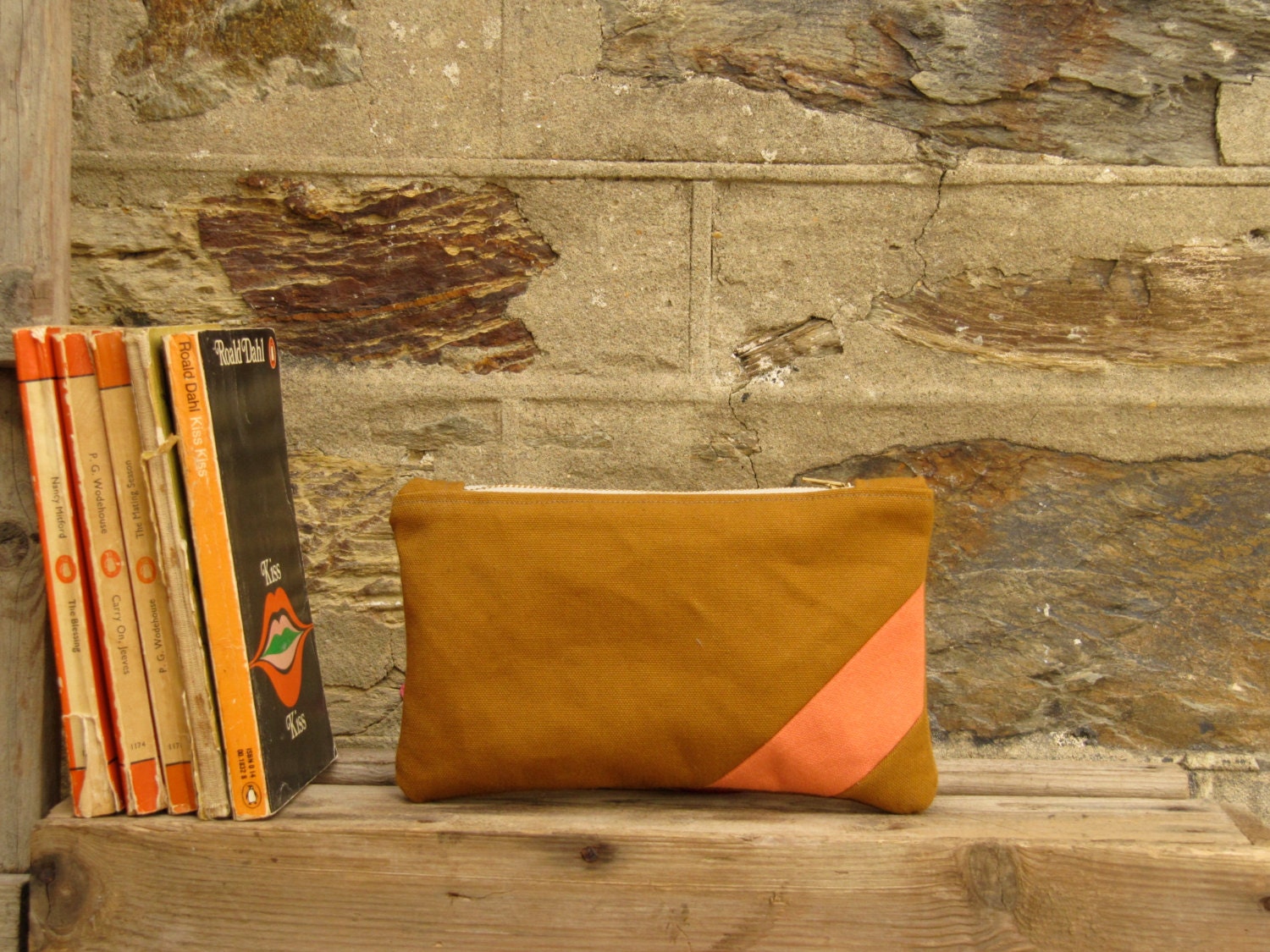 Small pouch. cotton stripe lining. Golden brown and dusky orange. YKK metal zip. Purse / cosmetic bag.