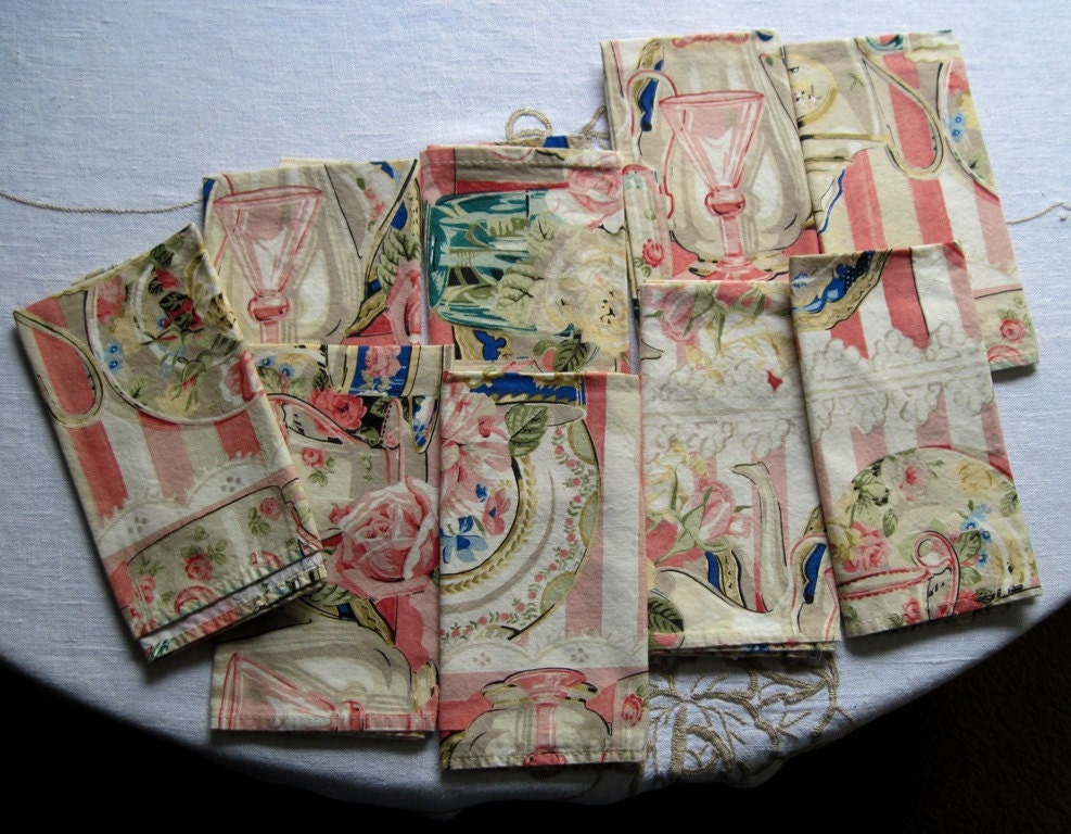 Vintage Tea Time Old English Décor Beautiful Floral, Glasses, Birds - Nine Cotton Matching Table Napkins - FREE SHIP