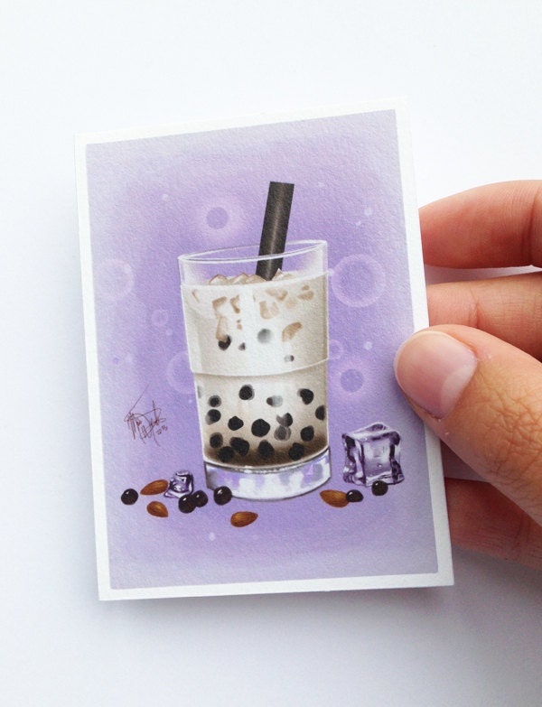 Almond milk boba tea - small ACEO archival print - drawing of bubble tea - beverage art