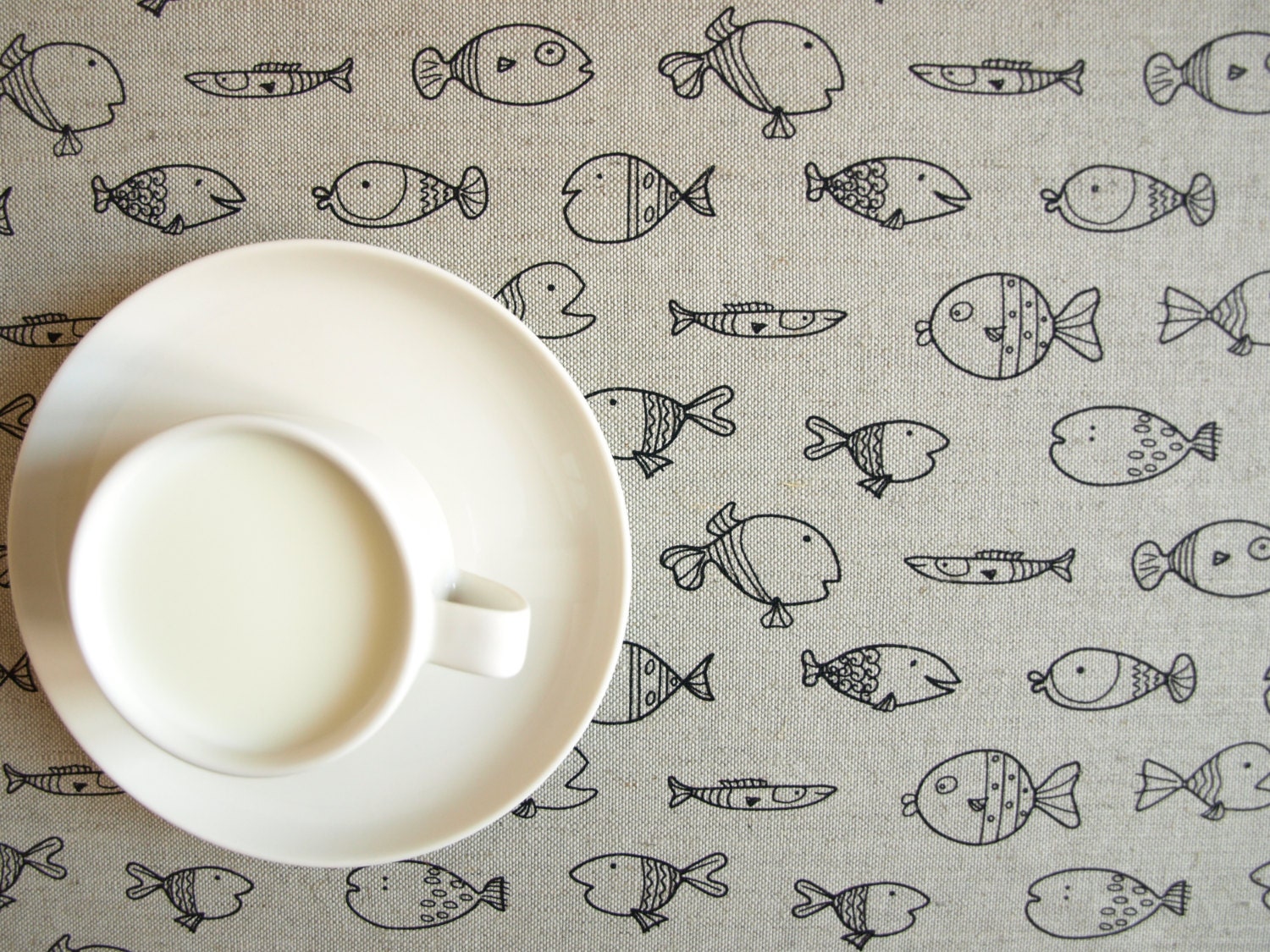 Linen tablecloth natural grey with black fun fishes Eco Friendly 37"x37"or order your size, table runner napkins pillow available,eco GIFT