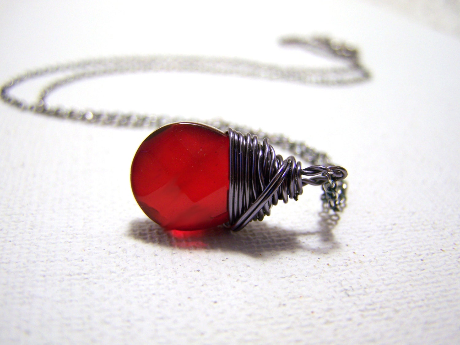Oxidized Sterling Silver Cranberry Red Czech Glass Wire Wrapped Briolette Necklace / Gift for Her
