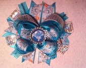 Handmade Cinderella Inspired blue Hair Bow Barrette clip silver sequins bottle cap princess disney
