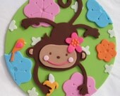 7" Monkey Love Fondant Cake Topper Pink Flower Mod Plaque for 8" Cakes