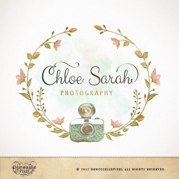 Hand drawn Photography Logo Wreath & Camera Watercolor Design for Photographer