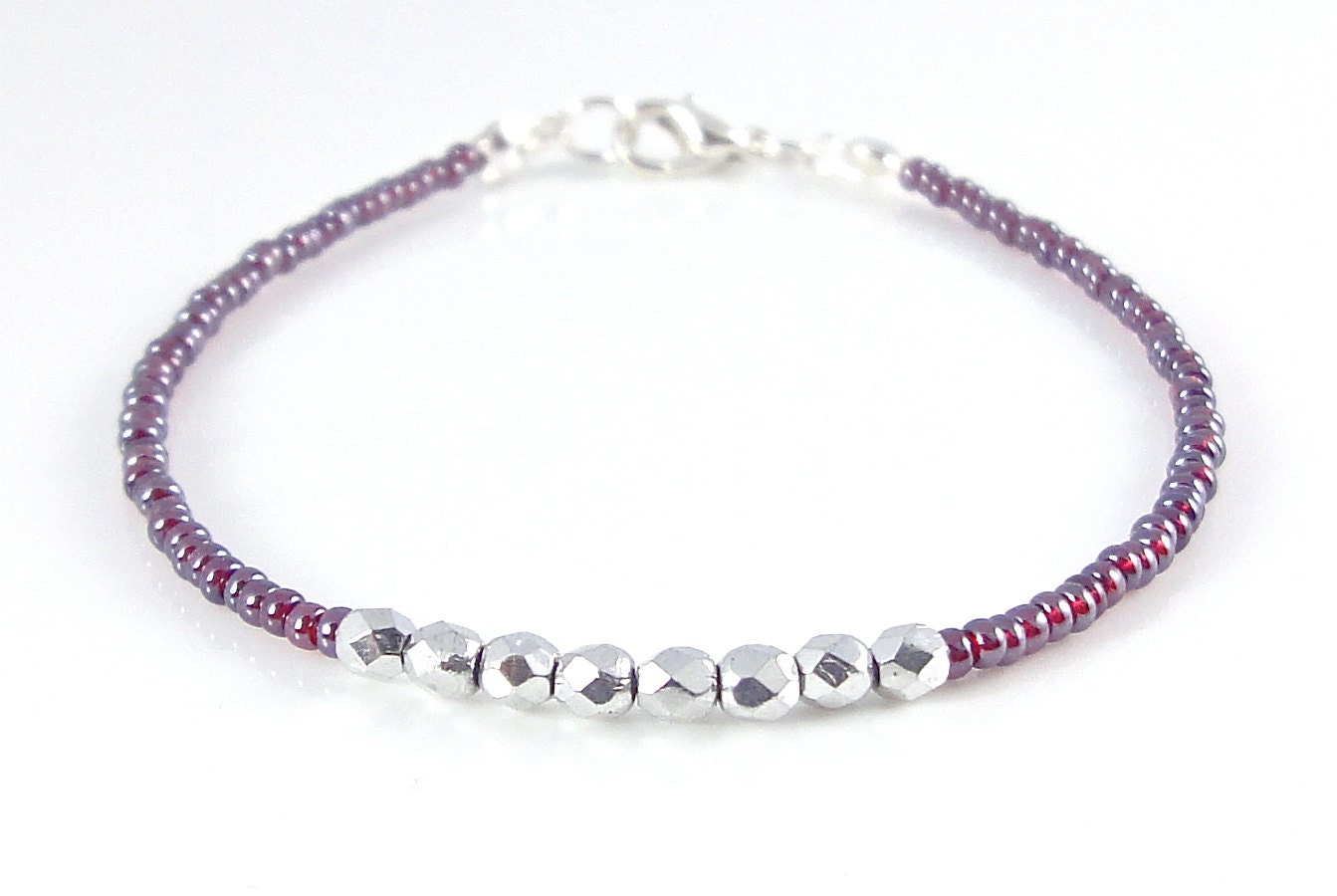 Dainty bracelet, transparent silvery - red tiny beads and silver Czech Crystals, thin bracelet, minimalist jewellery