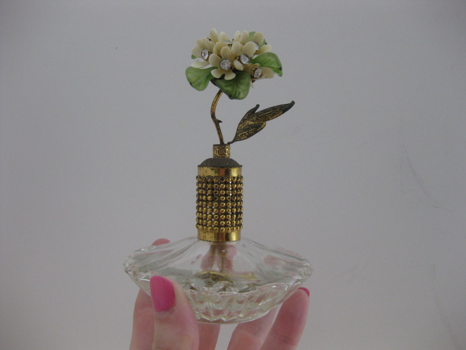 Antique Crystal Perfume Bottle From Austria Brassy Atomizer Cover With Flowers, Rhinestones