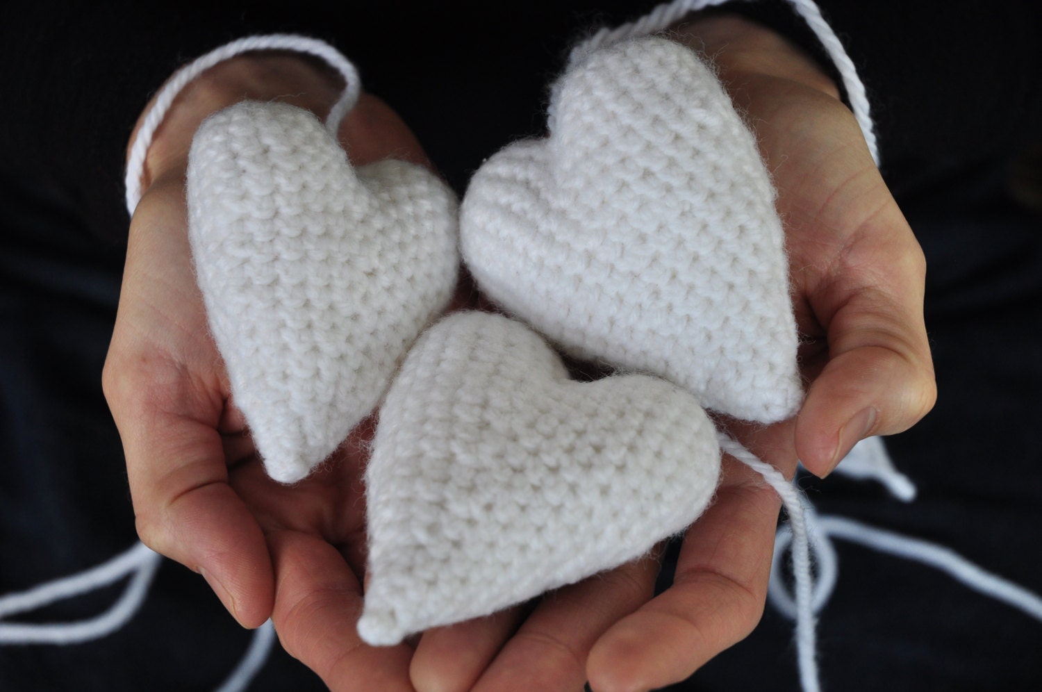 Three crocheted heart ornaments for Valentine aka Lovesalad made in San Francisco