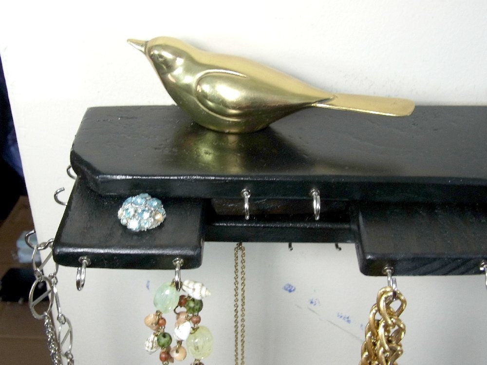 Jewelry Organizer Hanger Stacked Wood Espresso Black Glossy Silver Hooks