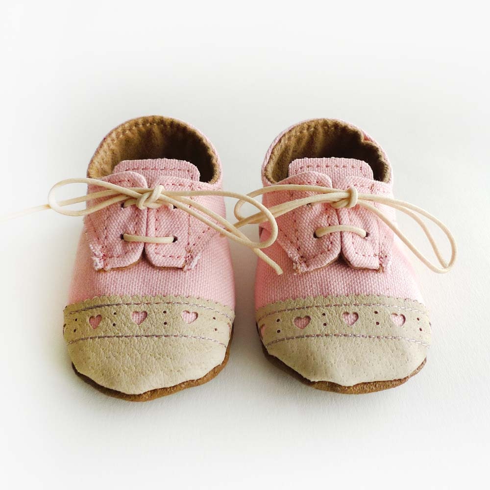 Baby Girl Shoes Baby Pink Canvas with Brogued Beige Leather Crib shoes
