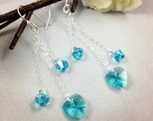 Light Turquoise Swarovski Crystal Heart Earrings, Sterling Silver, Long Chain, Dangle, Bridal/Wedding Jewellery