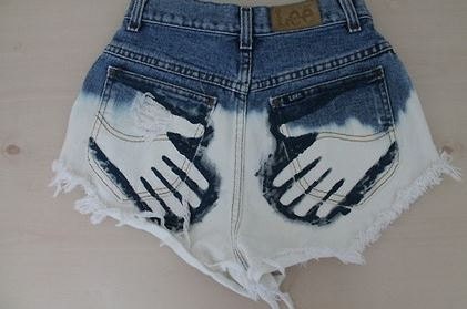 High waisted shorts half bleached half denim- traced hand print on back pocket