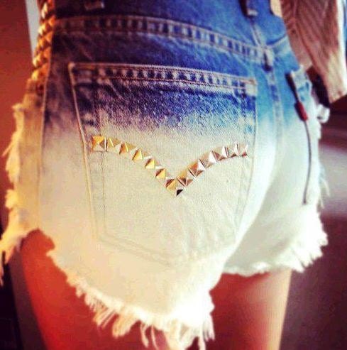 High waisted shorts half bleached half denim- Chevron stud design on back pockets