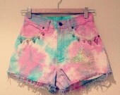 Pastel tie dye high waisted studded shorts with holographic unicorn