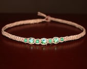 Simple Brown Hemp Choker Necklace - Green Glass Beads - Square Knot - Women Girl Child Boy Teen Kid