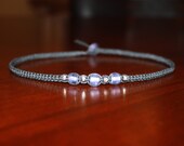Black Hemp Choker Necklace Purple Glass Silver Metal Beads - Square Knot - Women Girl Child Kid Teen