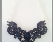 Navy Blue Dyed Lace Bib Statement Necklace - 18 inch