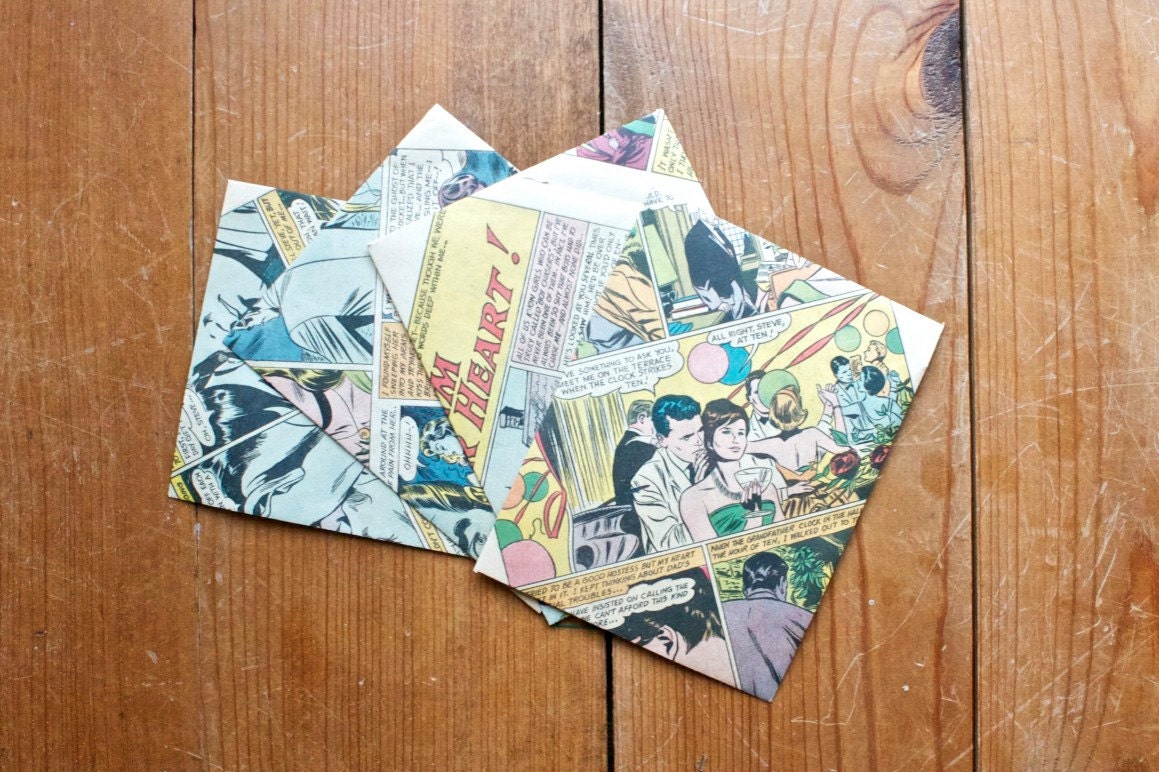 Comic Love Note Envelopes // Set of 4 // Secret Hearts Comic Book // Up-cycled Envelopes // Love Letter Envelope