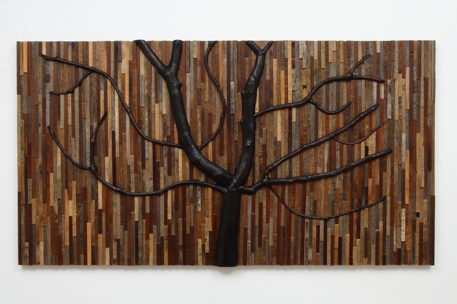 Wall art tree sculpture made with reclaimed barnwood and real tree branches, 49"x26.5"x1-1/2"