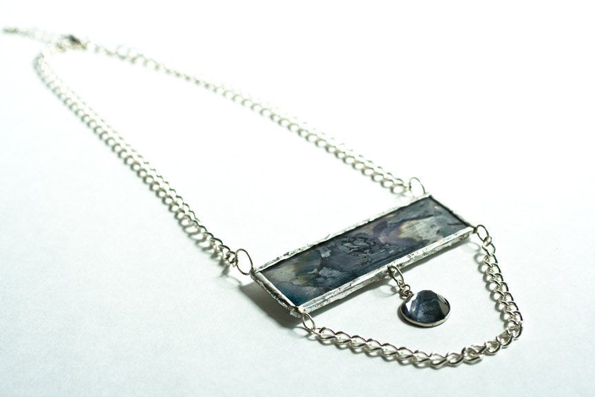 Couture Necklace with Hand Silvered Glass and Crystal, Sterling Silver - Modern Urban Jewelry Design Steampunk Fall Fashion - Serendipity