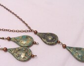 Green, gold and bronze resin pendant necklace and earring set - bronze chain necklace - green oxidized jewelry - exotic jewelry set