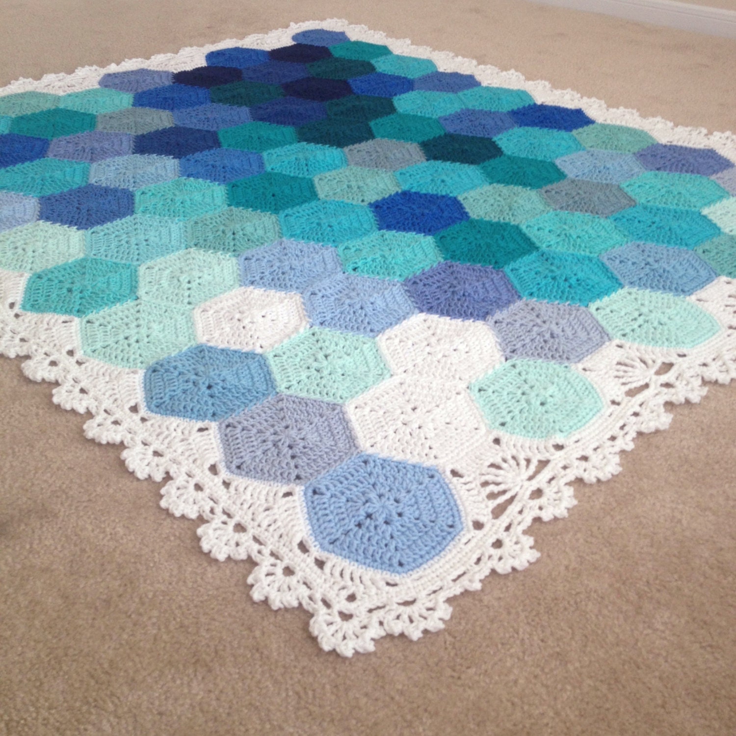 BabyLove Brand Geometric Lace Blanket/Afghan, handmade crochet beautiful color/size throw Twin Bed - custom order - 49"x64"