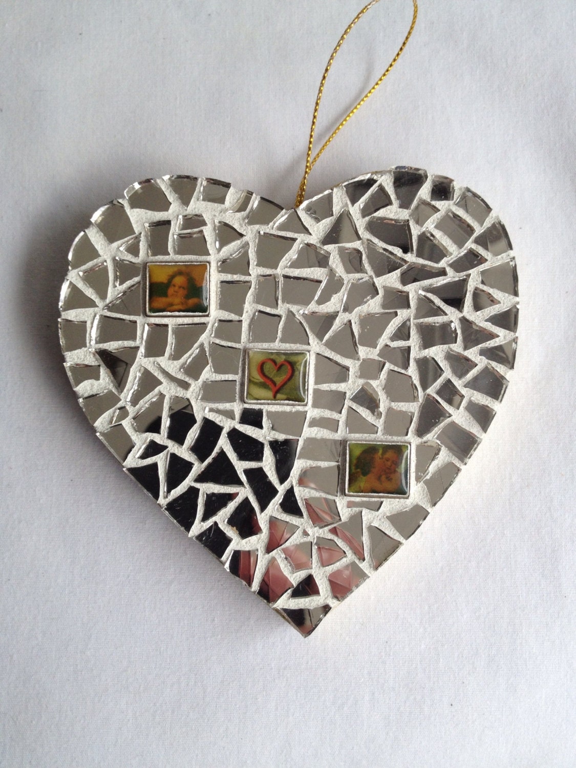 Tin-Man's Treasure// Mixed media mosaic heart ornament w silver mirror stained glass and small cherub photo baubles