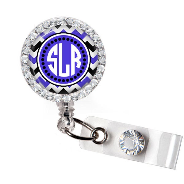 Retractable ID Badge Reel Personalized Bling Rhinestone Blue and Black Chevron Badge ID Reel, Nurse Badge Reel, Bling Badge Reel