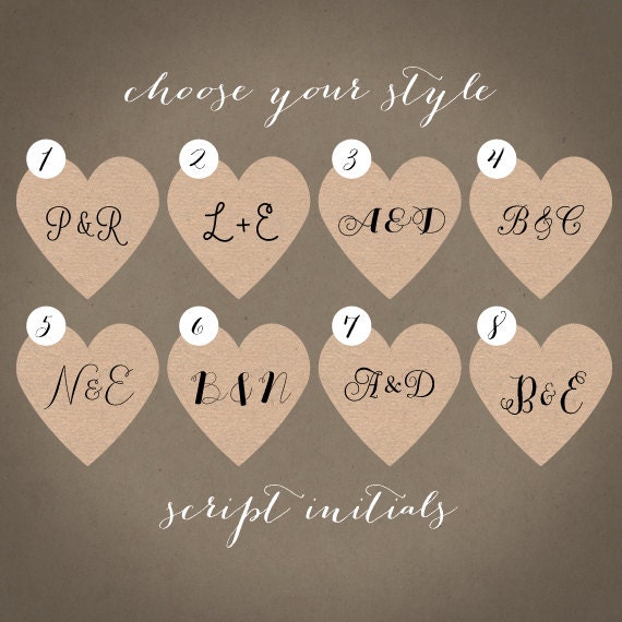 Script Heart Shape Initial Stickers for Wedding  - 24 1.5" Heart Kraft Brown Stickers / Labels - for Valentines, Anniversaries, Favors