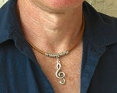 Men Tibetan and GREEK LEATHER Necklace  -  Unisex His or Hers Greek leather and Greek Pewter G-Clef necklace - Wholesale Jewelry - Ref