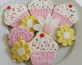 Pink Cupcakes and fllower decorated cookie favors for a Birthday, personalized, 1 dozen