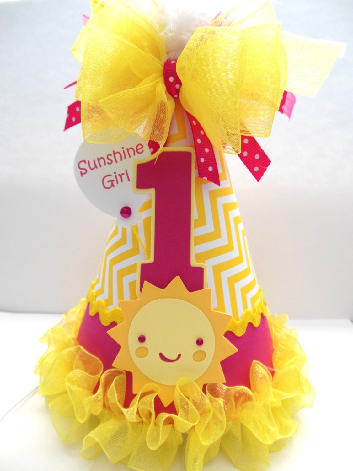 Hot Pink Sunshine Girl - Hot Pink and Yellow Chevron - You Are My Sunshine Birthday Party Hat - Personalized Il_570xn