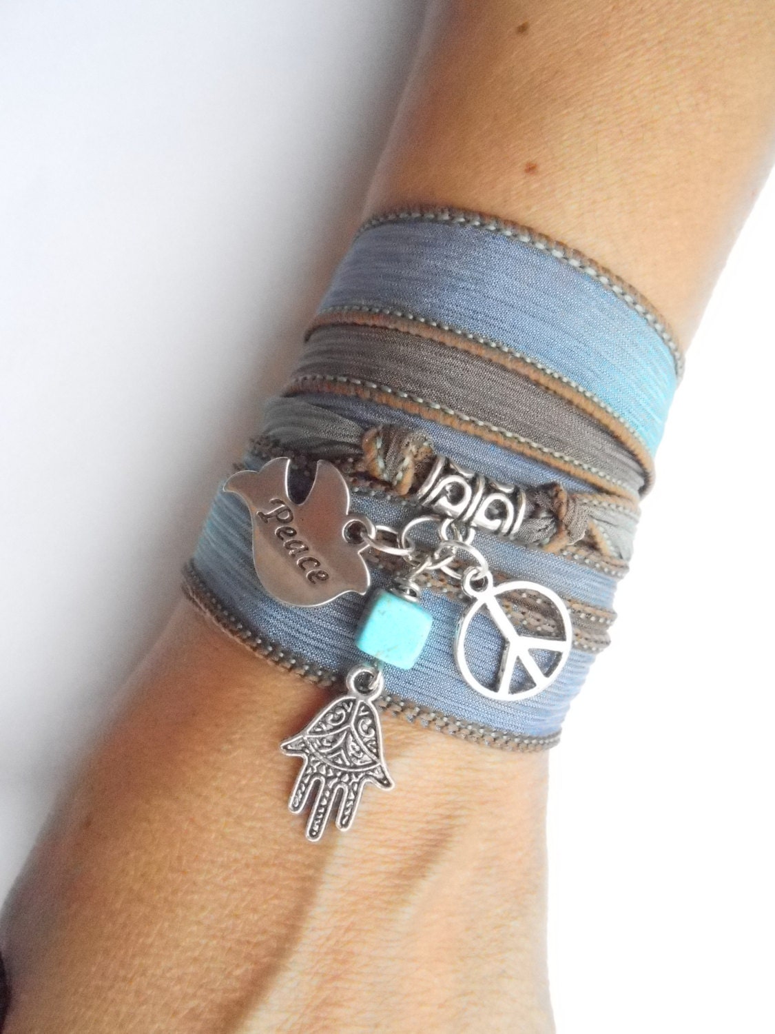 Bohemian Peace Wrap silk bracelet Hamsa Yoga jewelry Good luck charms Peace on earth boho chic bracelet jewelry Birthday Unique gift