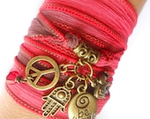 Yoga Hamsa jewelry bohemian Peace Silk wrap bracelet Elephant jewelry Spiritual Hippie Red Wrap bracelet Hand of Fatima Unique gift for her