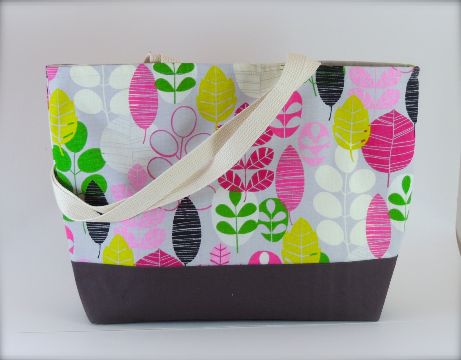 Fun Floral and Leaves Cotton Canvas Handmade Women's Beach, Purse, Diaper, Shopper, Tote Bag