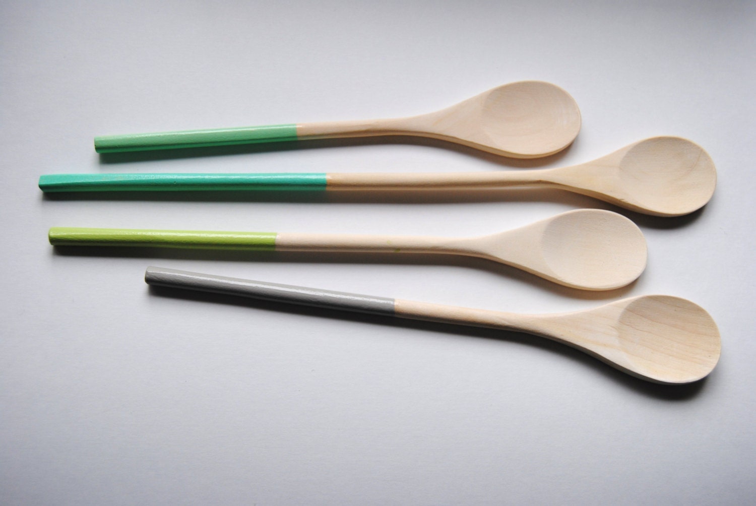 Set of 4 Dipped Wooden Kitchen Cooking Spoons - Sea Urchin Collection - Blue, Gray, Green, Teal