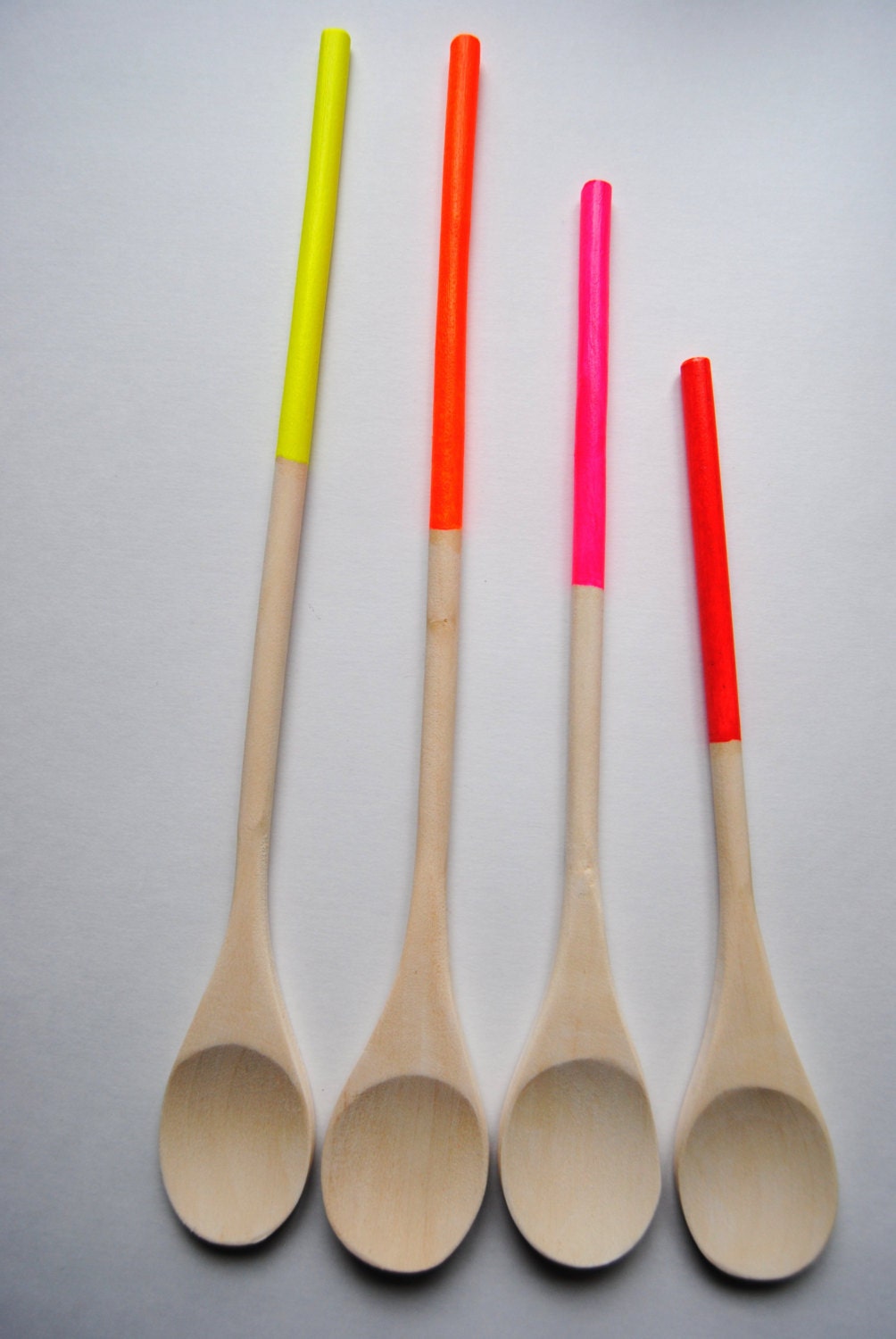 Set of 4 Dipped Wooden Kitchen Cooking Spoons - Neons, Brights - Yellow, Orange, Red, Pink