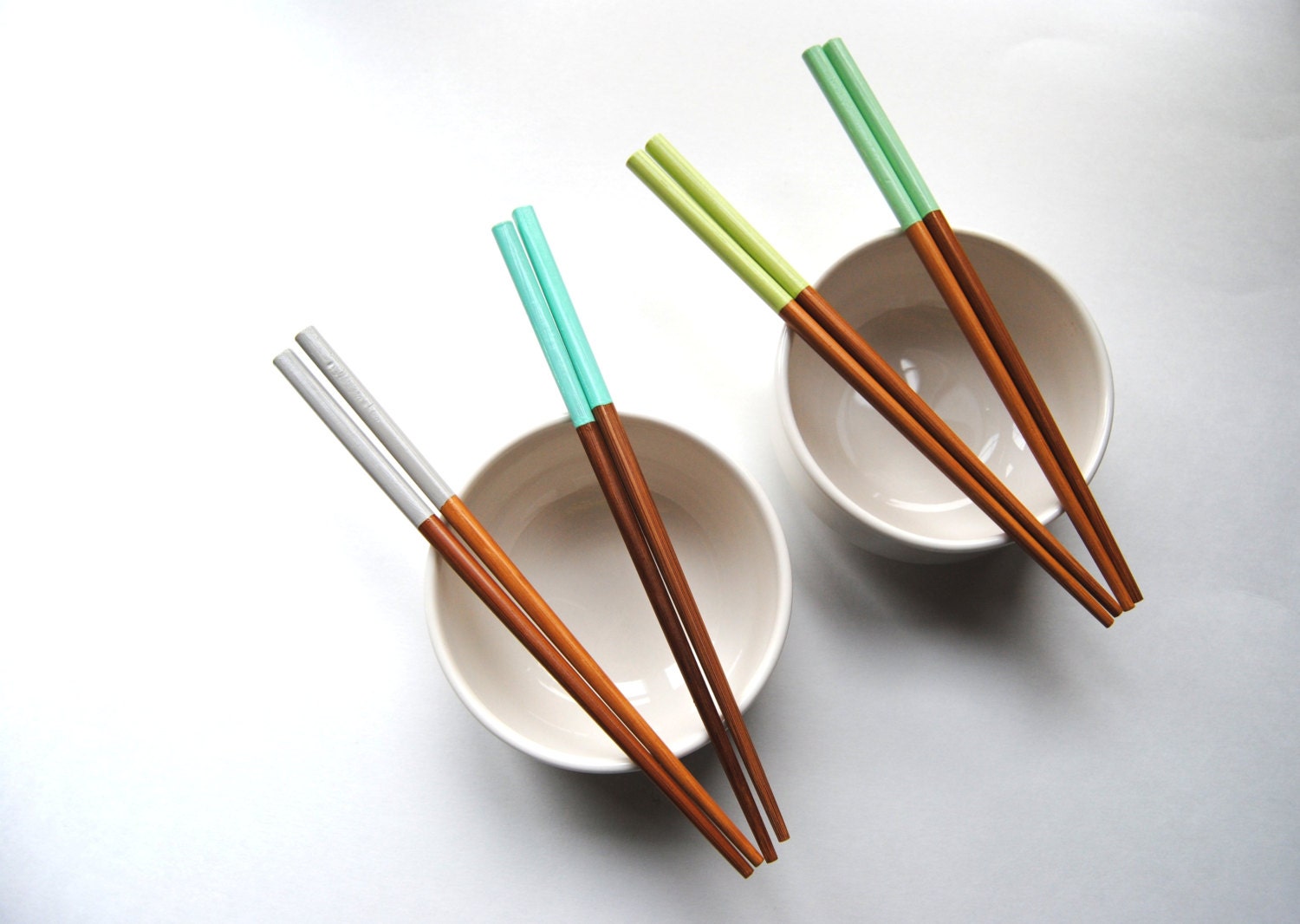 Set of 4 Paint Dipped Premium Bamboo Chopsticks - Sea Urchin Collection Grey, Blue, Green, Teal, Mint