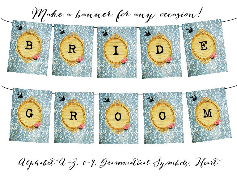 Printable vintage roses swallow banner FULL ALPHABET for Wedding, Bridal, Baby Shower, Birthday, any occasion Il_570xn