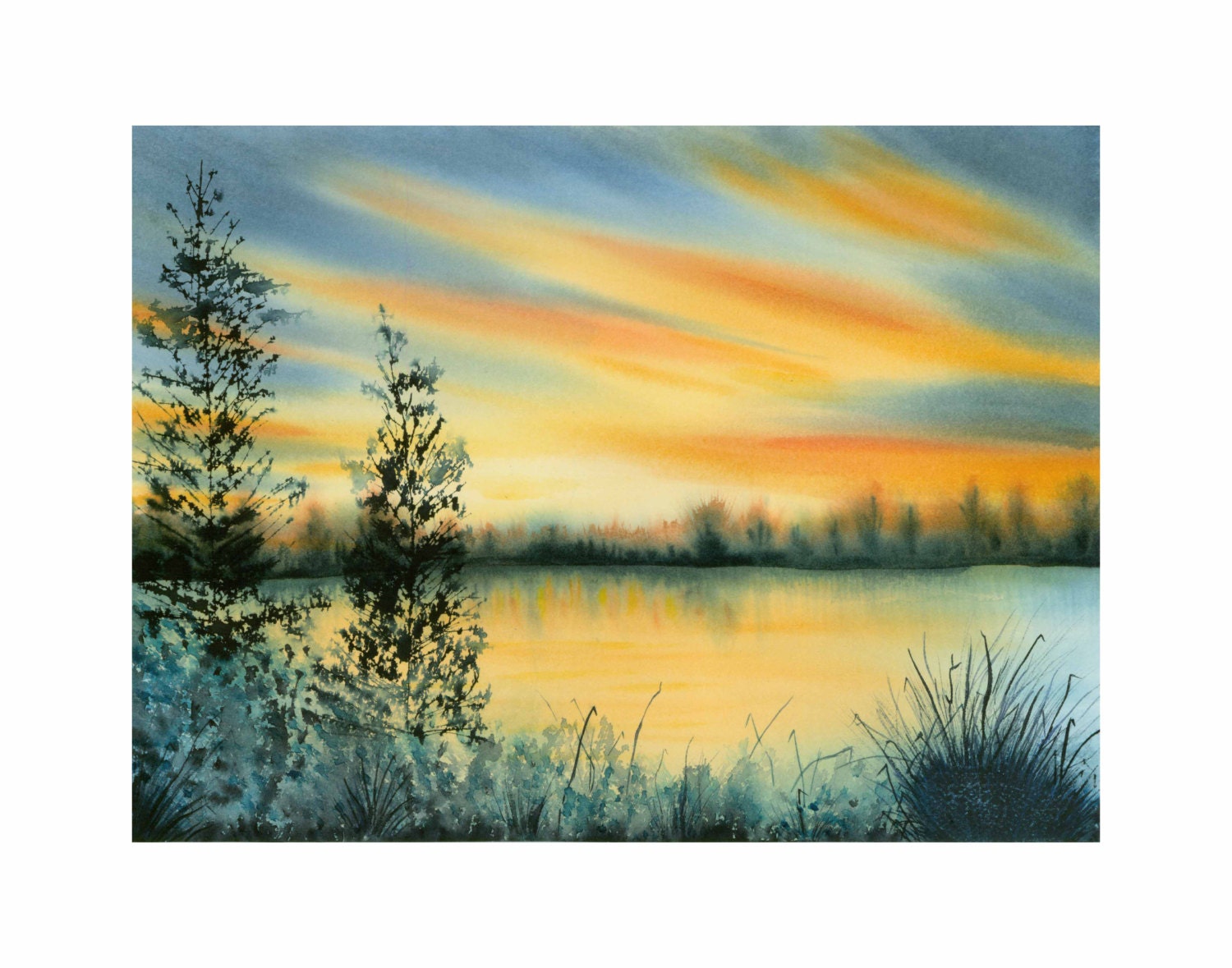 Print from original watercolour landscape of woodlands &water at sunset painted in dramatic blue and orange.