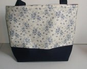 Navy Blue Floral Cotton Tote Bag - Bridesmaids Tote - Everyday Bag